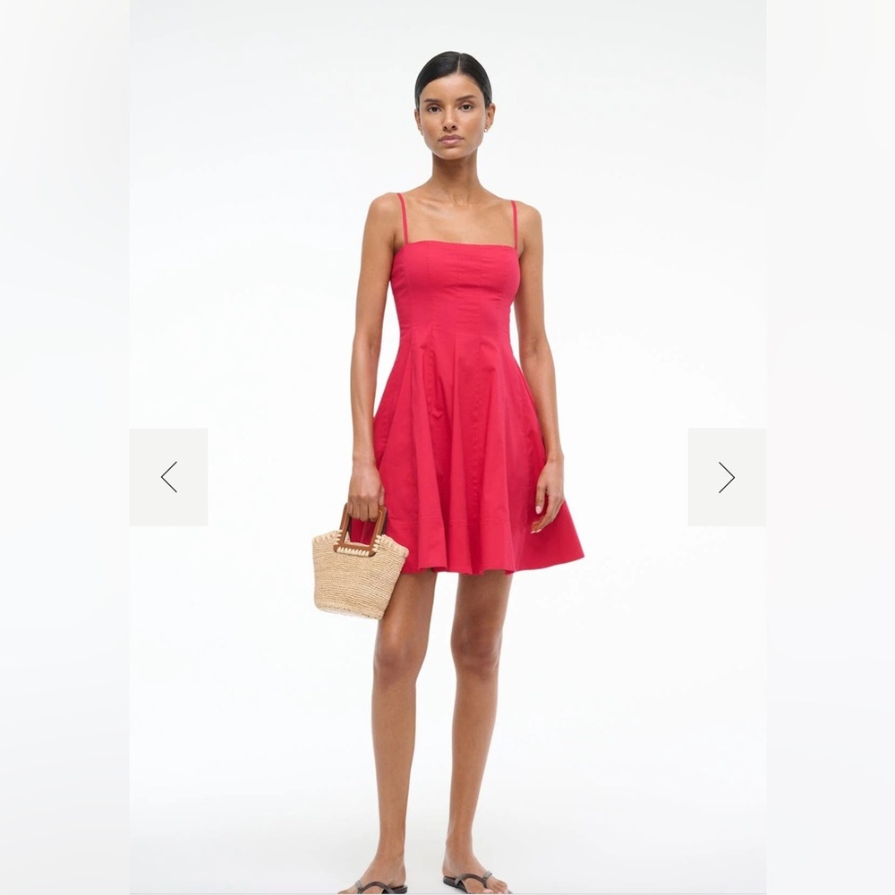 STAUD Red Pleated Mini Dress Square Neck Sleeveless
